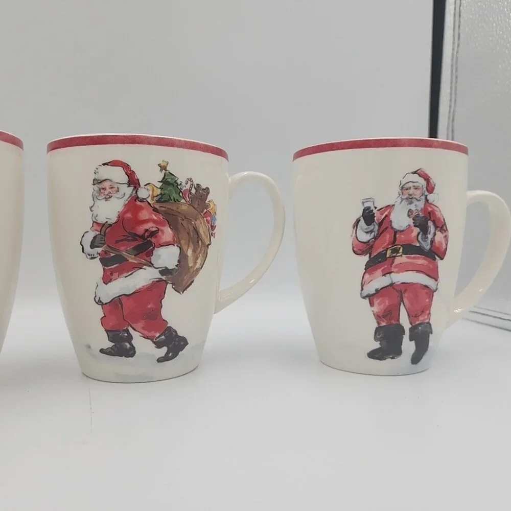 POTTERY BARN SET of 4 SANTA CLAUS CERAMIC MUGS Christmas Holiday